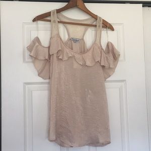 Blush silky tank with off the shoulder sleeves.